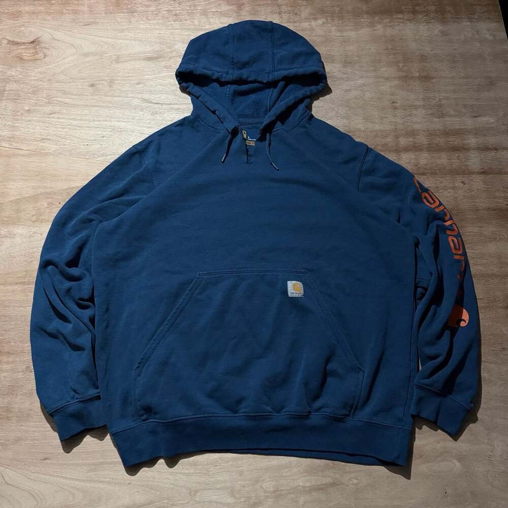 Carhartt Original Fit Blue Pullover Hoodie Mens L Orange Logo Workwear